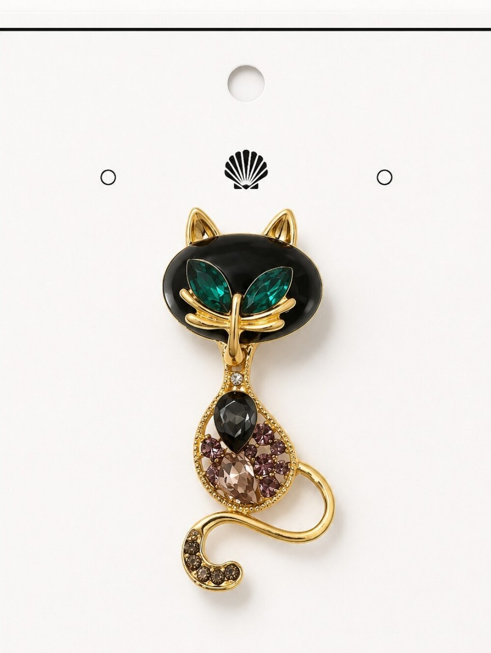 Gold-Tone Black Cat Crystal Brooch with Green Accent